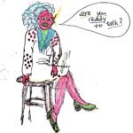 Colourful hand-drawn cartoon of a red-faced monster with sharp teeth sitting on a stool, wearing a spotted sweater and green shoes, holding a smoking cigarette and asking in a speech bubble, “Are you ready to talk?”