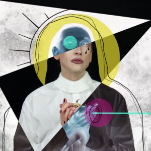 Stylized collage portrait of a person with a shaved head wearing a white high-neck top, looking slightly upward. Geometric shapes overlay the image: a large yellow halo-like circle behind the head, a teal circle covering one eye, diagonal black and white panels across the face, and a magenta circle with a turquoise line over the hands. Black tear-shaped marks fall from one eye, and sketchy black lines radiate behind the head against a textured gray background.